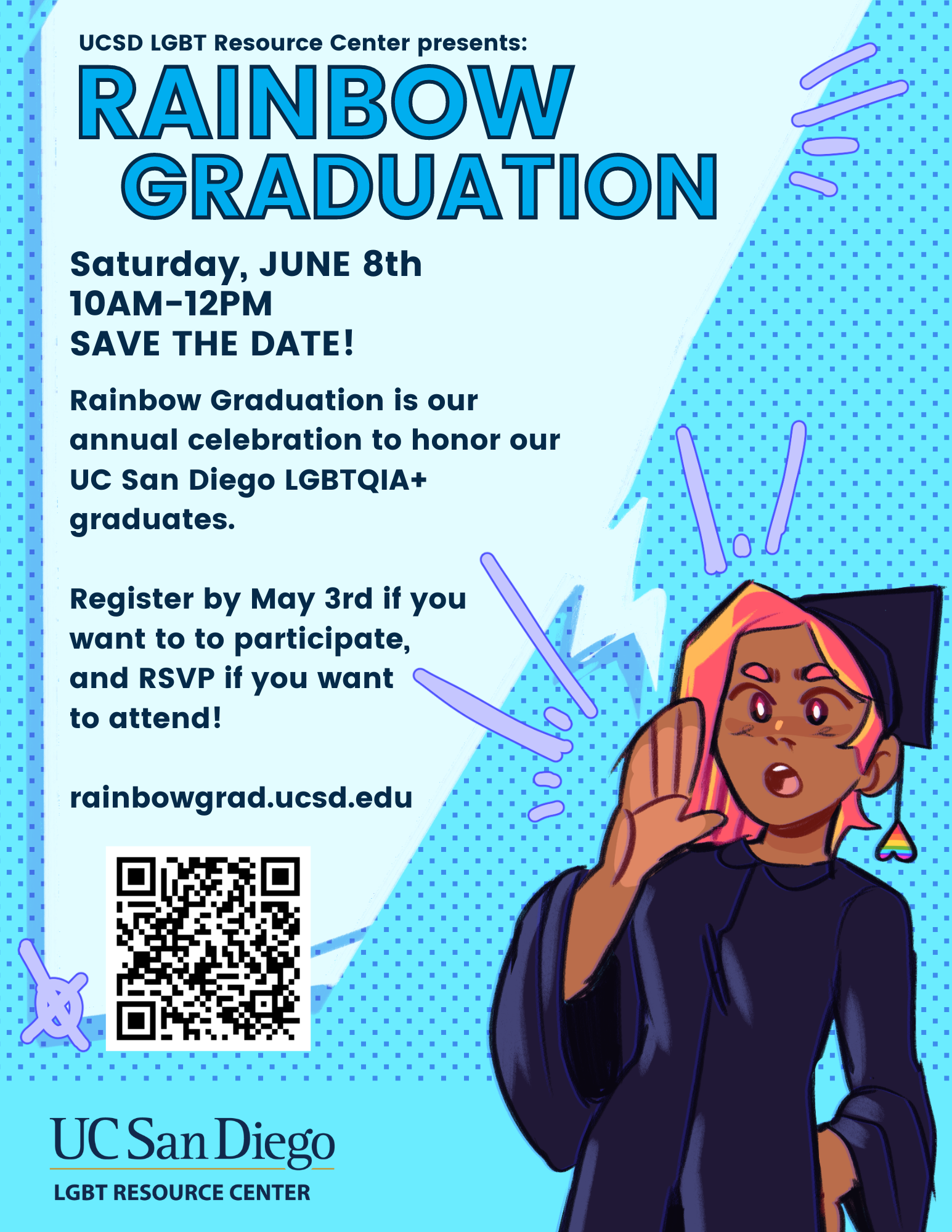Advertisement for rainbow graduation, rainbowgrad.ucsd.edu