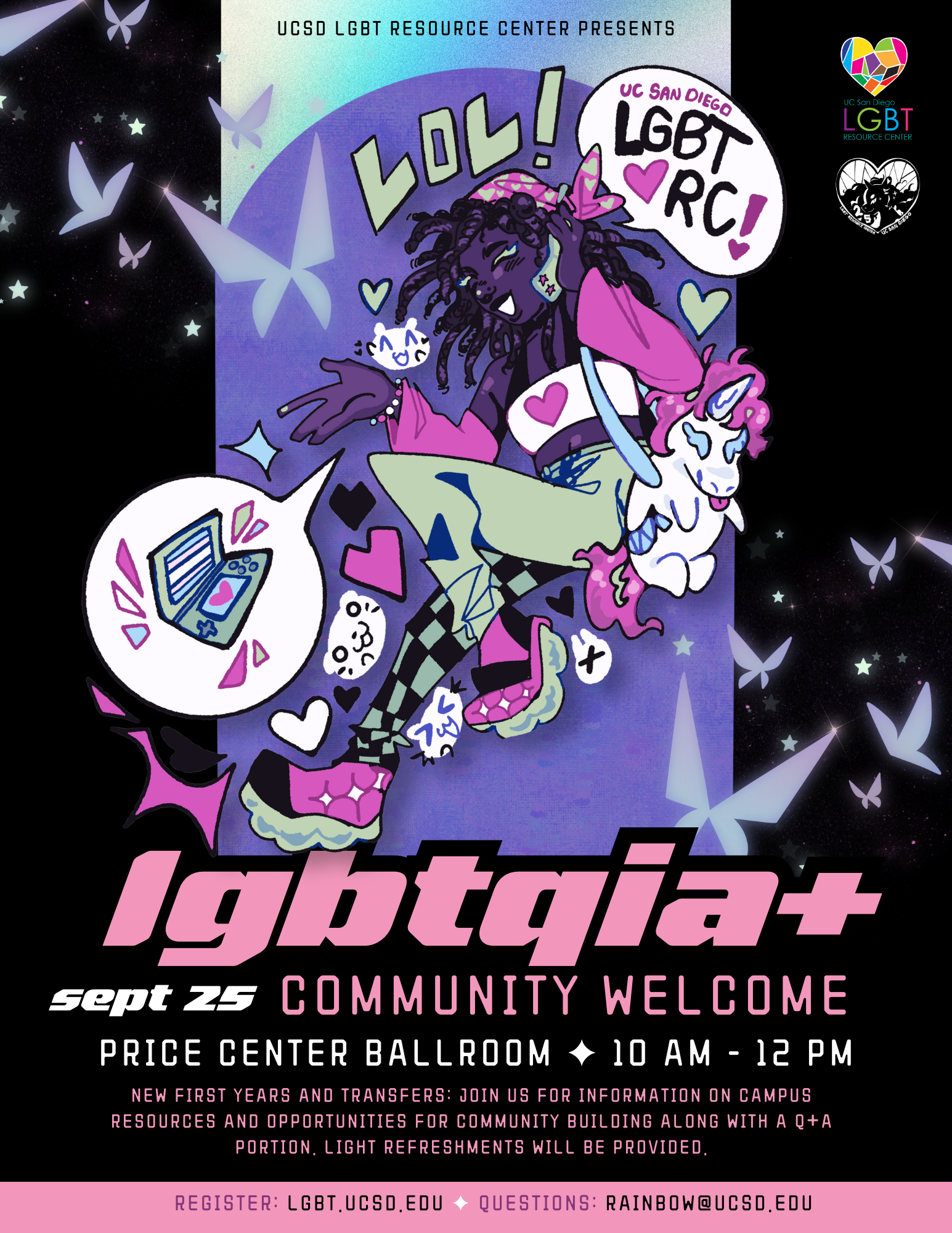 Advertisement for for rainbow welcome orientation, depicting a character happily chatting over the phone. butterflies surround the person and the text reads: LGBTQIA+ Community Welcome